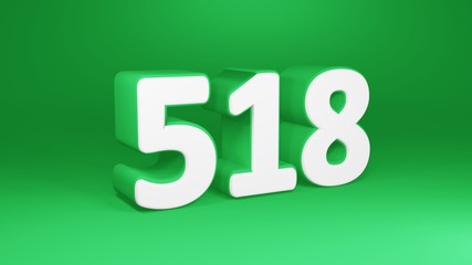 Number 518 in white on green background, isolated number 3d render