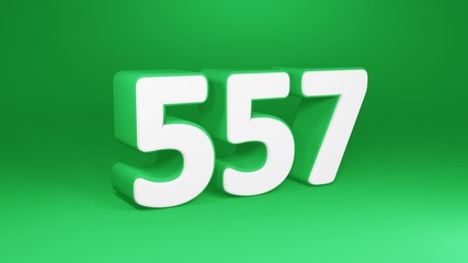 Number 557 in white on green background, isolated number 3d render