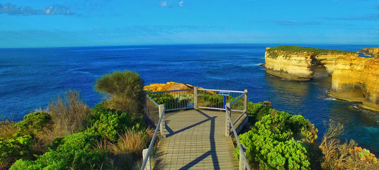 Loch Ard Gorge panoramic aerial view from drone, Island Arch Lookout, Great Ocean Road