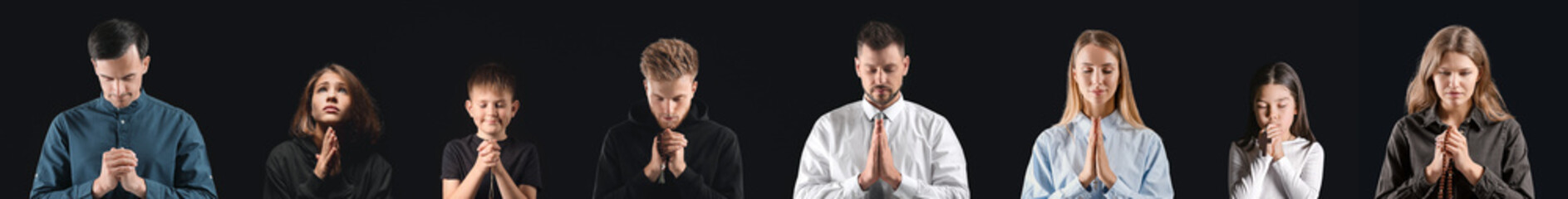 Set of praying people on dark background