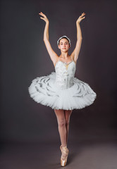 Fototapeta na wymiar Classical Ballet dancer portrait. Beautiful graceful ballerina in white tutu from Swan lake practice releve ballet position in the studio. Vertical image of gifted young teenager in pointe on hippies