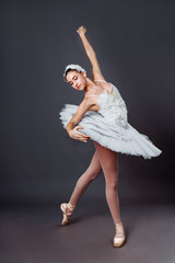 Classical Ballet dancer portrait. Beautiful graceful ballerina in white tutu from Swan lake practice releve ballet position in the studio. Vertical image of gifted young teenager in pointe on hippies