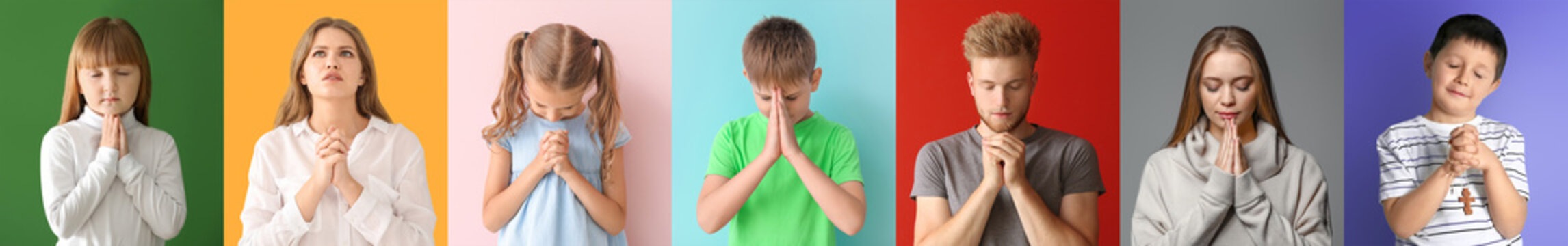 Set Of Praying People On Color Background