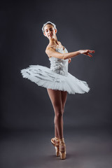 Graceful ballet dancer or classic ballerina dancing isolated on grey studio background. The dance,...