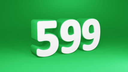 Number 599 in white on green background, isolated number 3d render