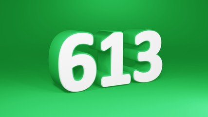 Number 613 in white on green background, isolated number 3d render