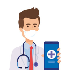 doctor male and smartphone with medicine online app vector illustration design