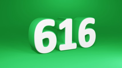Number 616 in white on green background, isolated number 3d render