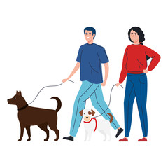 couple walking with dogs isolated icon vector illustration design