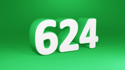 Number 624 in white on green background, isolated number 3d render
