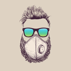 Bearded hipster wearing protection ffp3 face mask against coronavirus. Hand-drawn vintage vector illustration