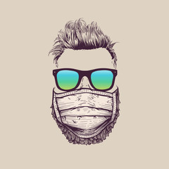 Cool hipster wearing protection surgical face mask against coronavirus