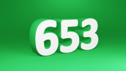 Number 653 in white on green background, isolated number 3d render