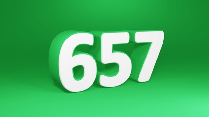 Number 657 in white on green background, isolated number 3d render
