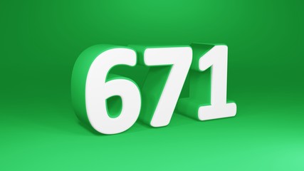 Number 671 in white on green background, isolated number 3d render