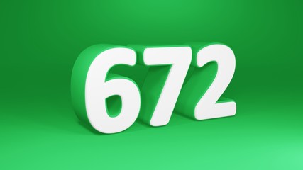 Number 672 in white on green background, isolated number 3d render
