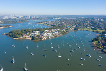 Aerial view of the Parramatta river and Morrison bay, Gladesville, Sydney, Australia.