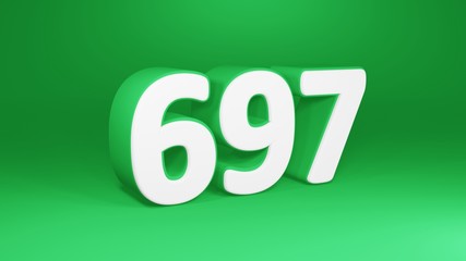 Number 697 in white on green background, isolated number 3d render