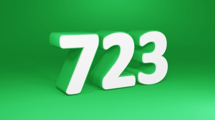 Number 723 in white on green background, isolated number 3d render