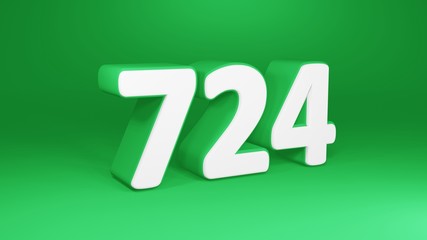 Number 724 in white on green background, isolated number 3d render