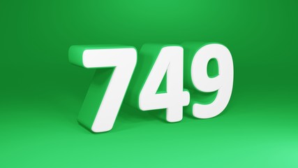 Number 749 in white on green background, isolated number 3d render