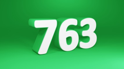 Number 763 in white on green background, isolated number 3d render