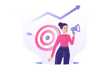 Target marketing concept. PR manager woman attracting customers with a megaphone. Successful business or consumer targeting. Focus group. Goal achievement. Online advertising. Vector illustration