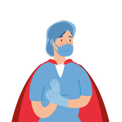 super female paramedic with face mask and hero cloak vector illustration design