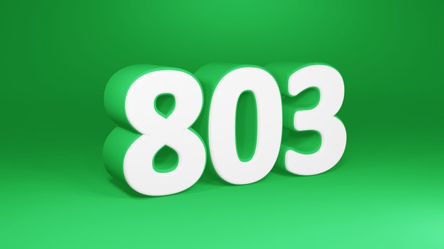 Number 803 in white on green background, isolated number 3d render