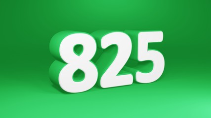 Number 825 in white on green background, isolated number 3d render