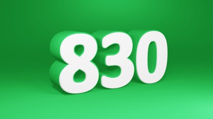 Number 830 in white on green background, isolated number 3d render