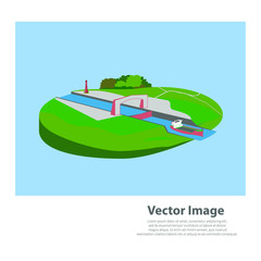 Cargo ship leaving a lock. Device for raising and lowering boats. Vector illustration