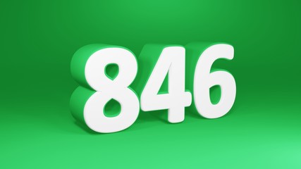 Number 846 in white on green background, isolated number 3d render
