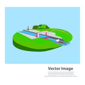 Cargo ship leaving a lock. Device for raising and lowering boats. Vector illustration