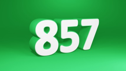 Number 857 in white on green background, isolated number 3d render