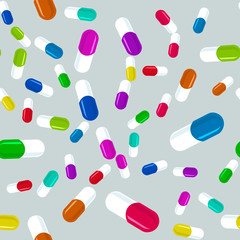 Colorful pills seamless pattern. Medicine background, abstract capsules flatlay vector illustration