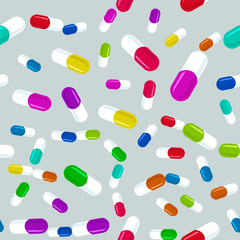 Colorful pills seamless pattern. Medicine background, abstract capsules flatlay vector illustration