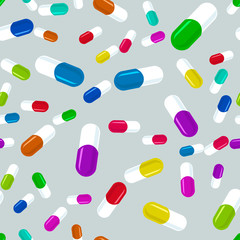 Colorful pills seamless pattern. Medicine background, abstract capsules flatlay vector illustration