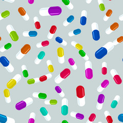 Colorful pills seamless pattern. Medicine background, abstract capsules flatlay vector illustration