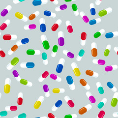 Colorful pills seamless pattern. Medicine background, abstract capsules flatlay vector illustration