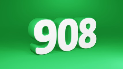 Number 908 in white on green background, isolated number 3d render