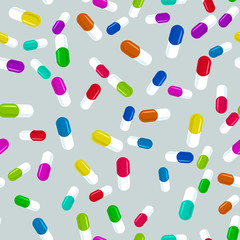 Colorful pills seamless pattern. Medicine background, abstract capsules flatlay vector illustration