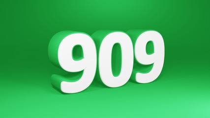 Number 909 in white on green background, isolated number 3d render