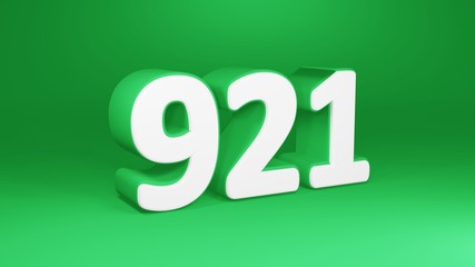 Number 921 in white on green background, isolated number 3d render