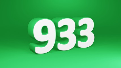 Number 933 in white on green background, isolated number 3d render
