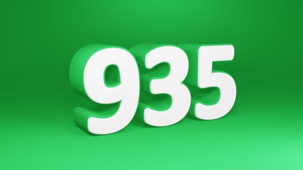 Number 935 in white on green background, isolated number 3d render