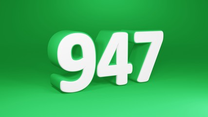 Number 947 in white on green background, isolated number 3d render