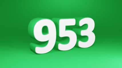 Number 953 in white on green background, isolated number 3d render