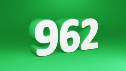 Number 962 in white on green background, isolated number 3d render