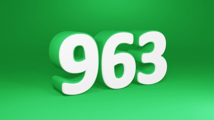 Number 963 in white on green background, isolated number 3d render
